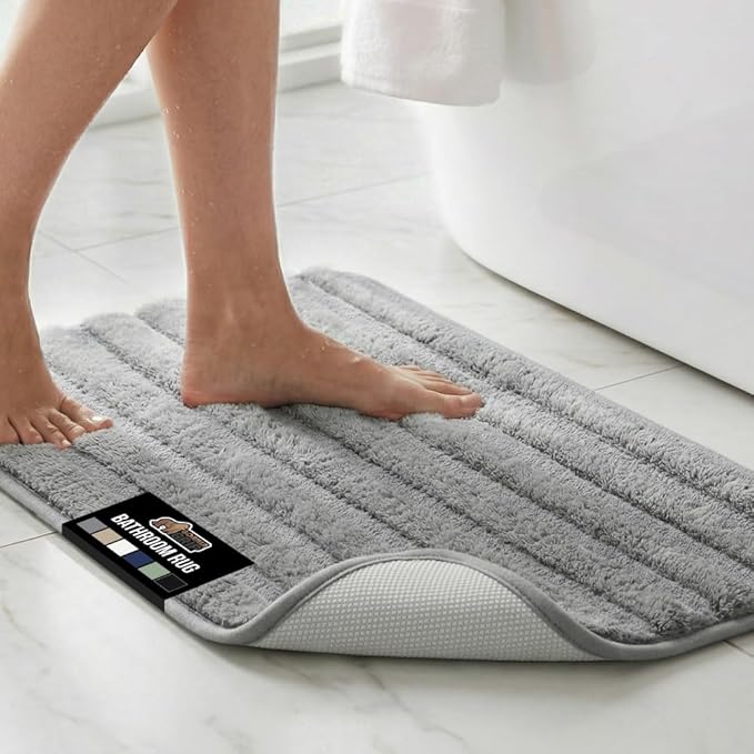 GORILLA GRIP Textured Backing Bathroom Rugs, Soft Memory Foam Absorbent Striped Bath Mats, Machine Washable & Fade Resistant, Bathmat Accessories for Floor, Home Decor Shower Essentials, Grey 34x20