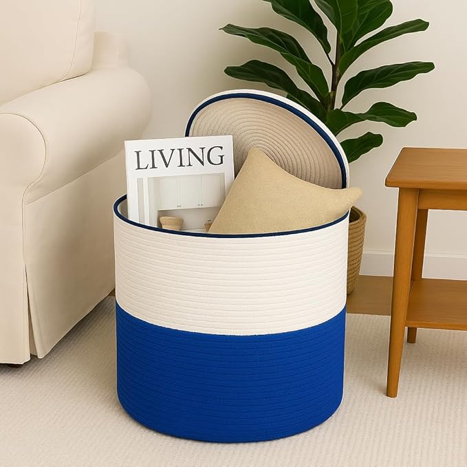 Cotton rope Storage Basket with Lid-Durable Woven Organizer with handles, Woven baskets, Multi-Purpose Storage Basket for Living Room,Closet or office(14x13 inches) (Blue+White)
