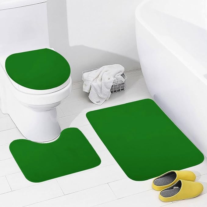 3 Pieces Bath Rug Sets, Solid Green Trend Color Bathroom Mat Set Non Slip U Shaped Contour Rug & Toilet Lid Cover