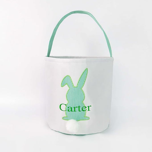 MT WORLD Toddler Easter Bunny Basket Personalized Easter Egg Bucket for Kids with Name Canvas Rabbit Bucket Tote for Baby Boys Girls Easter Egg Hunts Decorations Candy Gifts Storage (Green Bunny)