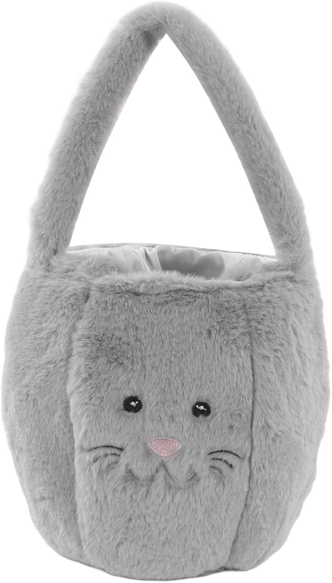 Spryflower Plush Easter Bunny Basket, Children Easter Basket, Cute Cartoon Long Ears Bunny Egg Basket, Soft Plush Easter Gift Bag for Kids, Perfect for Easter Egg Hunt and Family Gath (Light Grey)