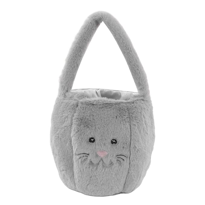 Plush Easter Bunny Basket, Children Easter Basket with Long Ears, Cute Cartoon Rabbit Plush Bag for Easter Egg Hunt, Soft and Durable Easter Bunny Gift for Kids (Light Gray)