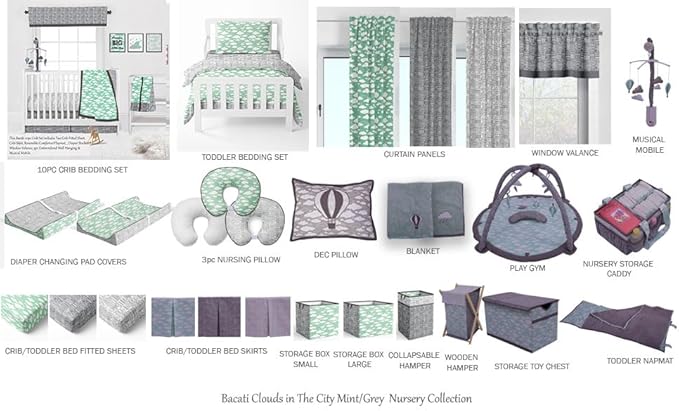 Bacati - Small Storage Tote Clouds in the City Mint/Grey Neutral 10 X 10 X 10 inches