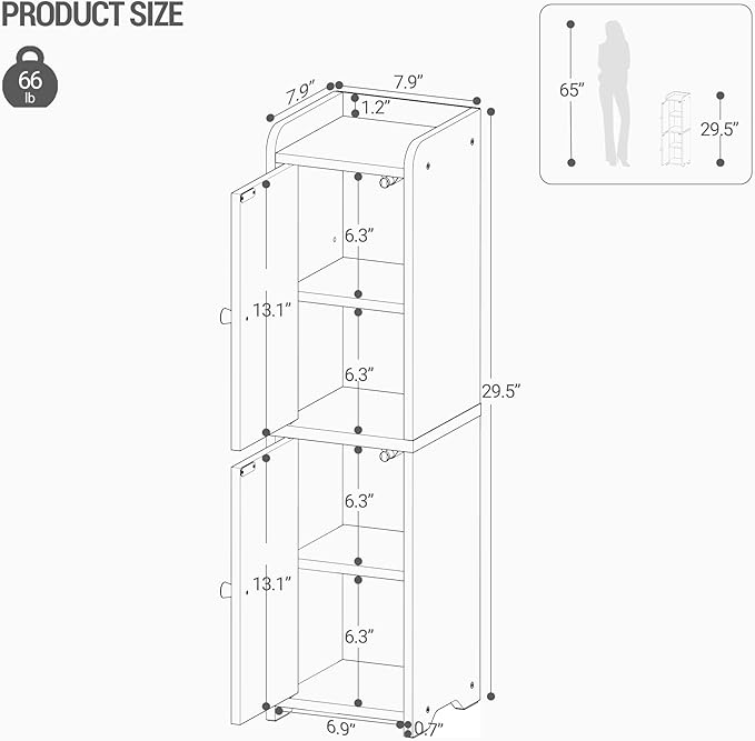 Bathroom Storage Cabinet, Small Corner Floor Cabinet with 2 Doors and Adjustable Shelf, Narrow Toilet Paper Cabinets, Bathroom Organizer for Small Spaces, 7.9" D x 7.9" W x 29.5" H Greige