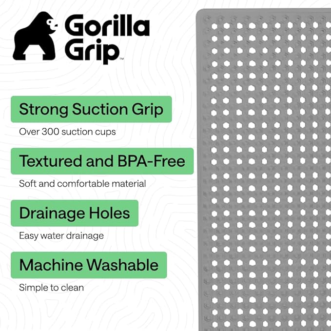 GORILLA GRIP Patented Bath Tub Shower Mat, Machine Washable Bathtub Floor Liner Mats, Suction Cups and Drain Holes to Keep Tubs Clean, Soft on Feet, Bathroom Essentials, 35x16 Inch, Gray Opaque