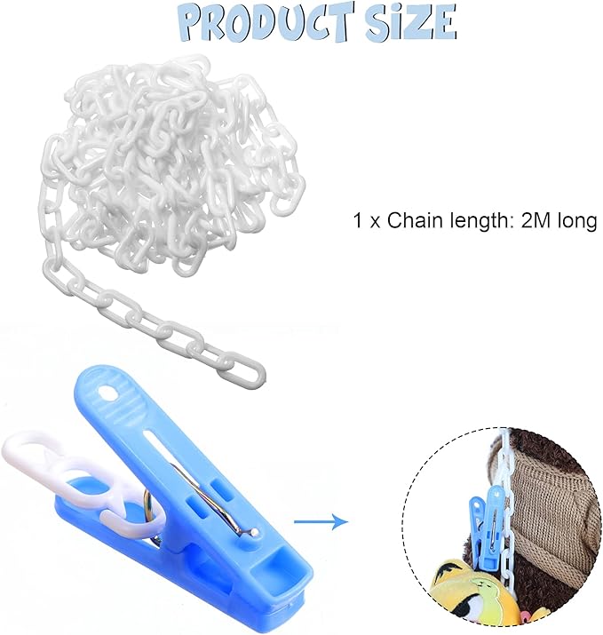 Blulu Stuffed Animal Storage Chain with 20 Clips 78.74'' Plastic Chain with Hooks for Nursery Bedroom Playroom Wall Corner Organizer Hanging Hats Socks Holiday Cards(Mixed Color Clip)