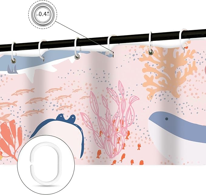 60x70 inch Kids Shower Curtain - Pink Boho Ocean Animals Underwater Cartoon Bathroom Decor with Shark & Fish for Girls, Nautical Theme Bathtub Curtain