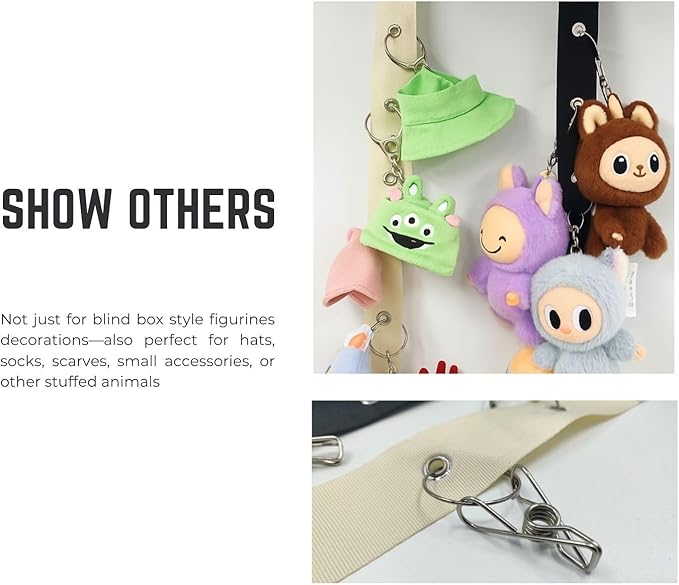 Plush Toy Display Strap for15-17cm Blind Box Style Dolls, Stuffed Animal Hanging Chain with 8 Clips, Wall & Over Door Organizer (No Dolls Included) (1-Pack White)