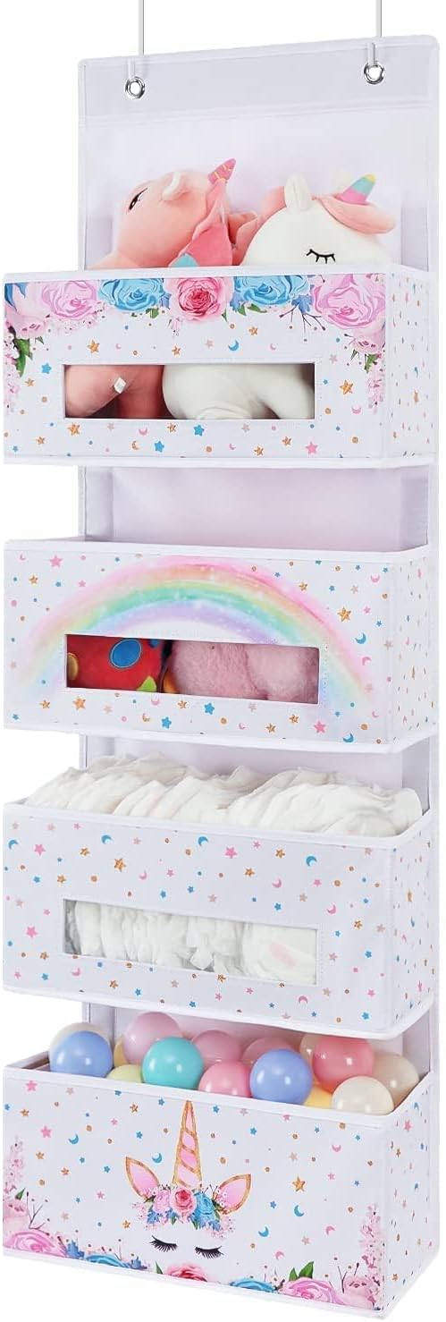 WERNNSAI Unicorn Over Door Hanging Organizer - Behind Door Hanging Storage with 4 Clear Window Pockets for Baby Girls Room Organization Gifts Toy Diaper Pantry Closet Bedroom Bathroom Nursery Decor