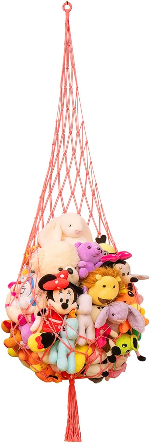 Novel Stuffed animal Net or Hammock Macrame Plush Toy Display-6.5Ft H-One Hook Only! Convenient for Corners, Walls and Ceiling Hanging Net, stuff animal storage for kid Room Bedroom Playroom-Pink