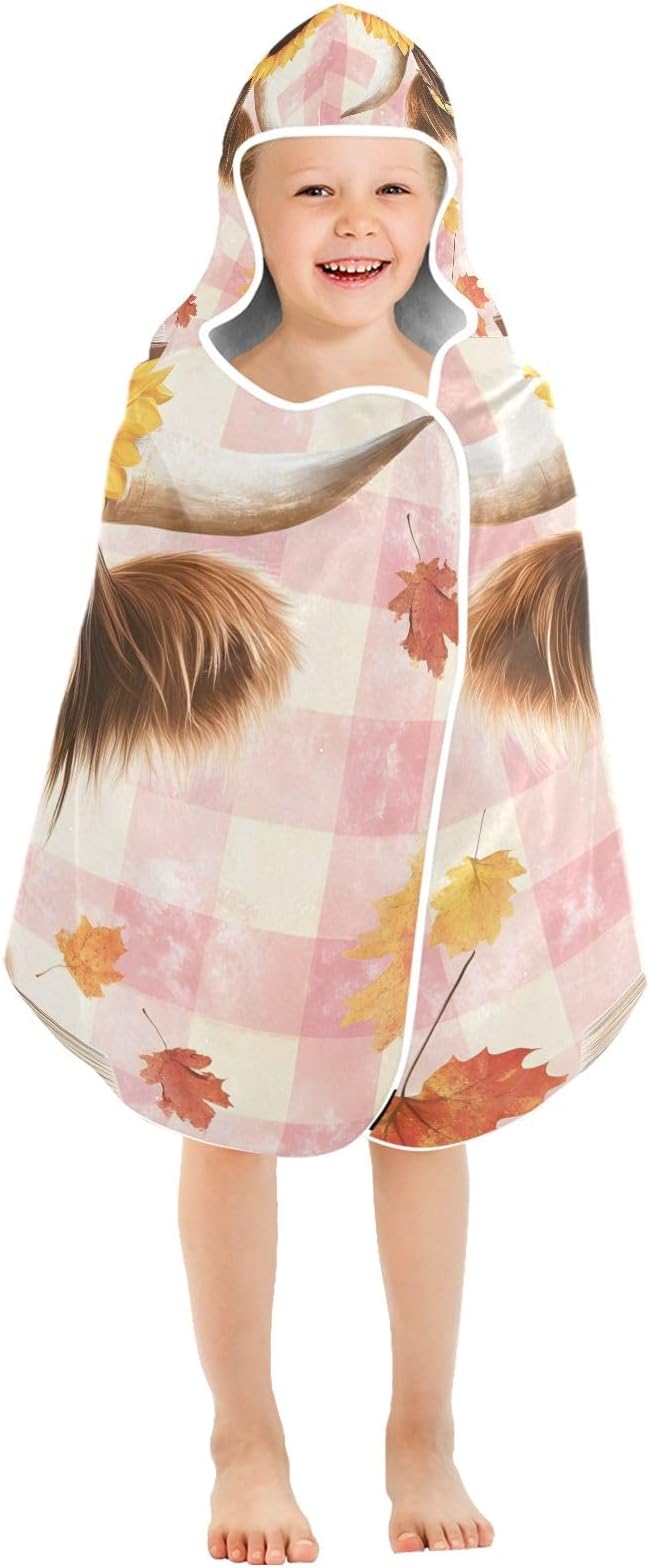 A Highland Cow with Sunflowers Hooded Beach Towel for Kids, Kids Bath Hooded Towels for Boys Girls, Super Soft Absorbent Bathrobe with Hood for Swin Pool 50"x23.5"