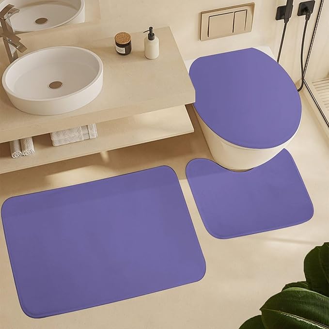 3 Pieces Bath Rug Sets, Modern Big Family Solid Periwinkle Blue Bathroom Mat Set Non Slip U Shaped Contour Rug & Toilet Lid Cover