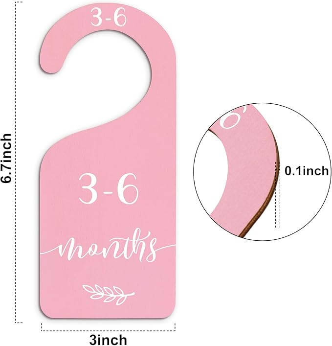 Whaline 7Pcs Pink Wood Baby Closet Size Dividers with Velvet Bag Newborn to 24 Month Thicken Infant Wardrobe Hanger Organizers for Home Nursery Party Favors Supplies