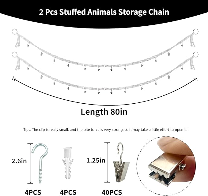 2 Pcs 80” Cotton Hanging Storage Chains for Stuffed Animal, Each Boho Display Chain Comes with 20 Metal Clips, Nursery Hanging Storage Organizer for Wall or Corner Nursery playroom (Beige)