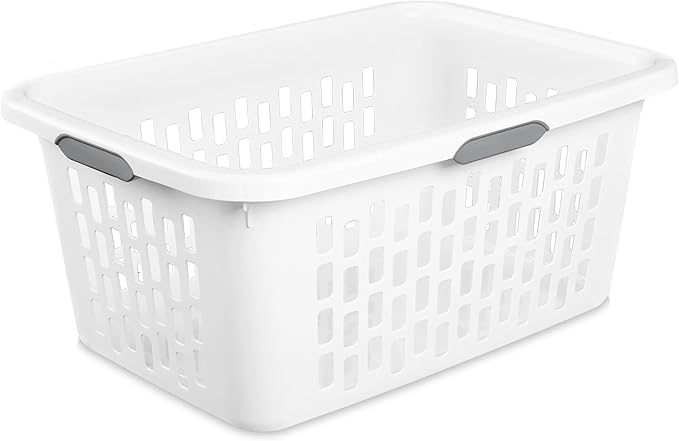 Large Plastic Laundry Basket with 4 Comfort Grip Handles, 2 Bushel Capacity, White