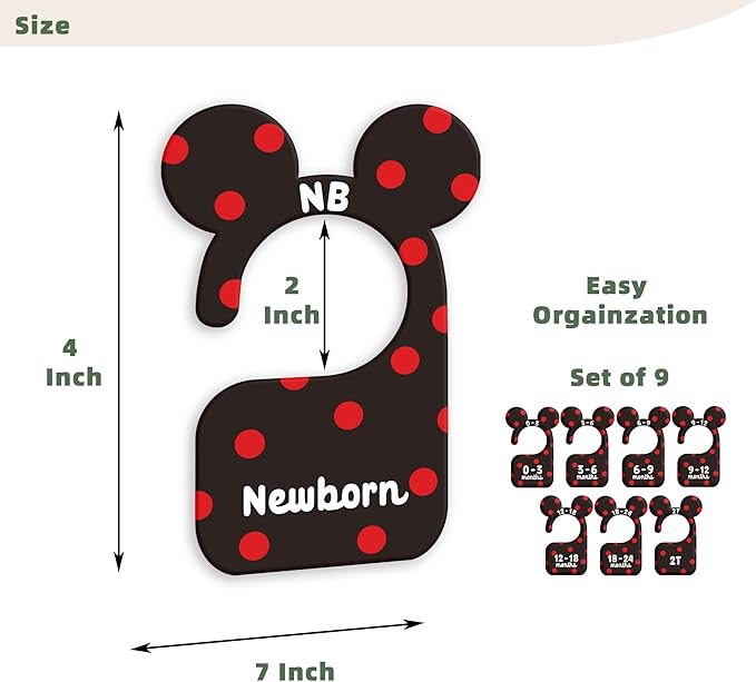 JMOST Baby Closet Dividers for Nursery Closet Organizer, Newborn to 24 Months Size Clothes, Cute Black Red Hangers with Size Dividers, Double Sided