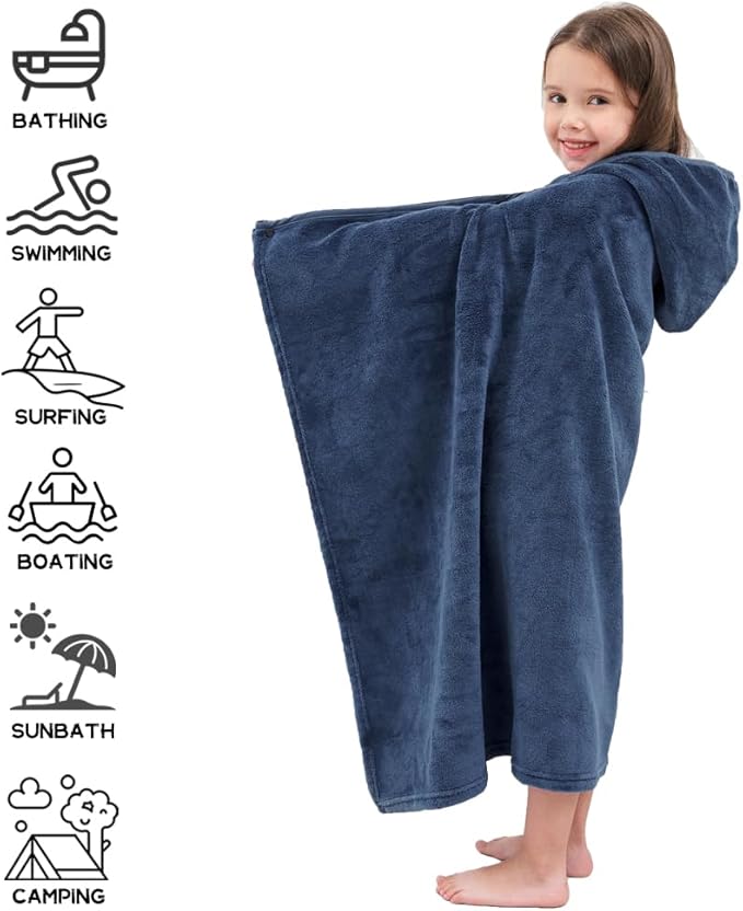 Hiturbo Kids Hooded Bath Towel: Soft Plush Pool Beach Fleece Towel Blanket - 50"x30" Toddler Towels Wrap for Boys Girls 3-12 Years (Navy)