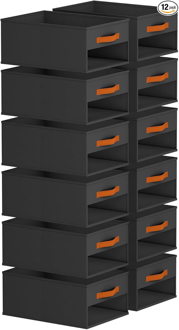 Closet Organizers and Storage - 12 Pack Storage Bins Baskets for Organization Foldable Closet Organizer with Clear Window & Handles for Clothes, Toys, Towels, Small Essentials (Black)