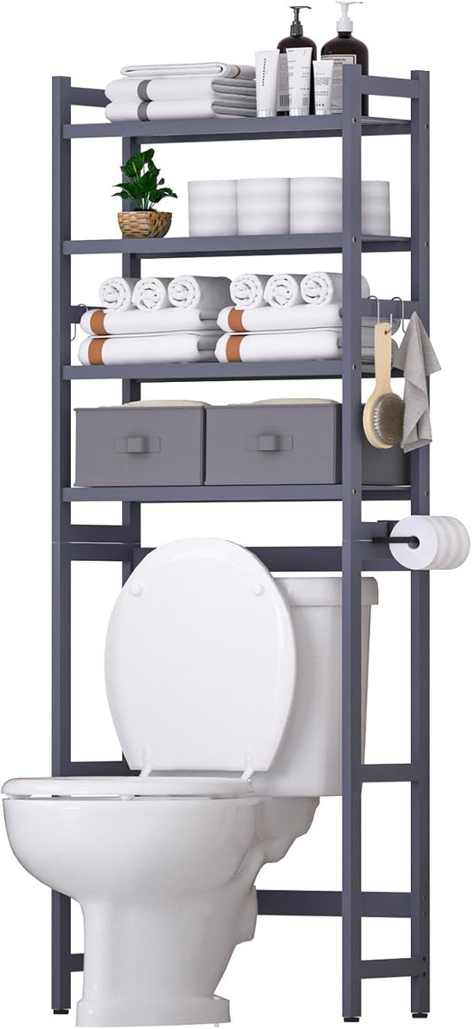 Over The Toilet Storage with 2 Baskets, 4-Tier Bamboo Organizer Rack with Paper Holder & 4 Hooks & Waterproof Feet Pad,Freestanding Shelf for Bathroom(Grey)