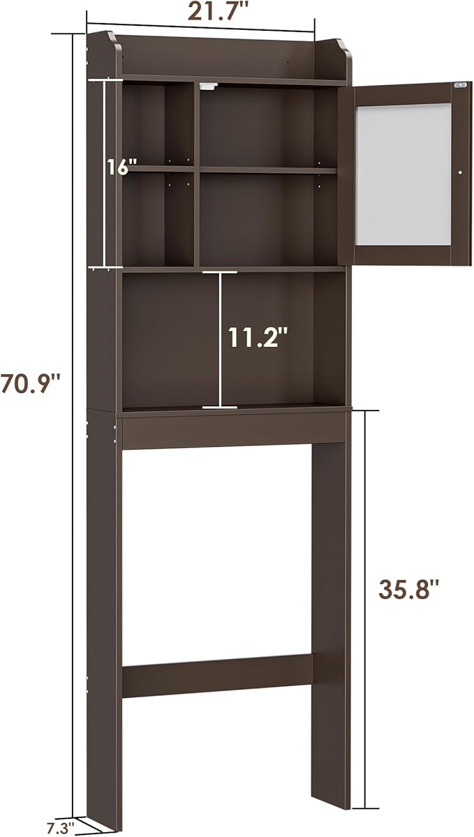 ZenStyle Over The Toilet Cabinet Double Door Wood Bathroom Storage Organizer with Adjustable Shelves, Cubby and Tempered Glass Door (Brown)
