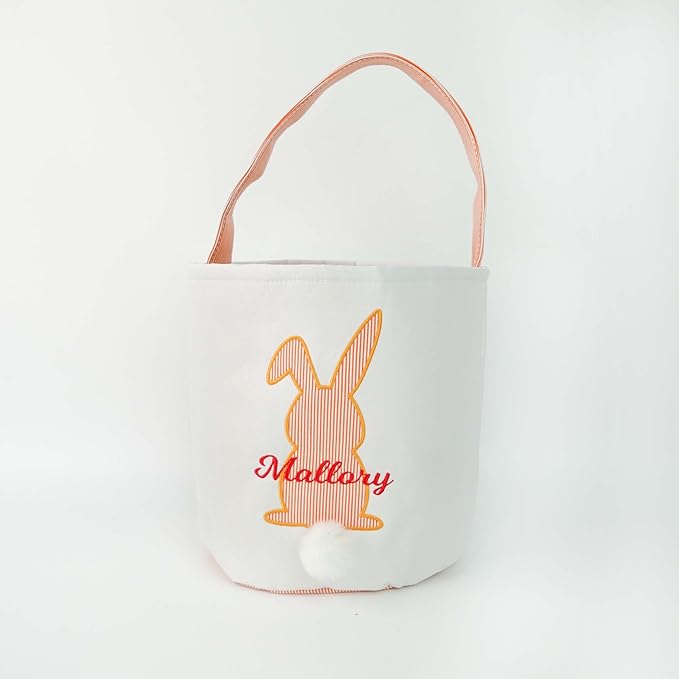 MT WORLD Easter Bunny Basket Personalized Easter Egg Bucket for Kids with Name Canvas Rabbit Toy Baskets for Toddler Boys Girls Easter Egg Hunts Decorations Candy Gifts Storage Basket (Orange Stripe)