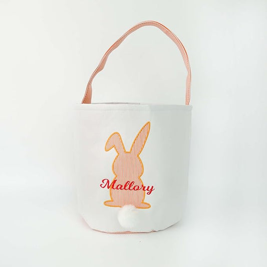 MT WORLD Easter Bunny Basket Personalized Easter Egg Bucket for Kids with Name Canvas Rabbit Toy Baskets for Toddler Boys Girls Easter Egg Hunts Decorations Candy Gifts Storage Basket (Orange Stripe)