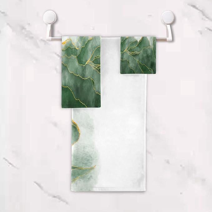 3 Piece Ombre Green Leave Bath Towels Set,Microfiber Absorbent Emerald Green Gold Marble Texture Towels for Bathroom,1 Bath Towel,1 Hand Towel,1 Washcloth,Modern Decorative Bathroom Towels