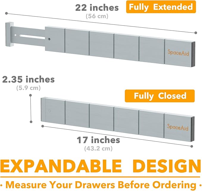 SpaceAid Bamboo Drawer Dividers with Inserts and Labels, Kitchen Adjustable Drawer Organizers, Expandable Organization for Home, Office, Dressers, 10 Dividers with 24 Inserts (17"-22" Gray)