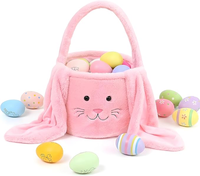 Easter Basket, Cute Bunny Easter Basket with Plush Ears, Easter Baskets for Egg Hunt, Candy & Gift Storage (Pink)