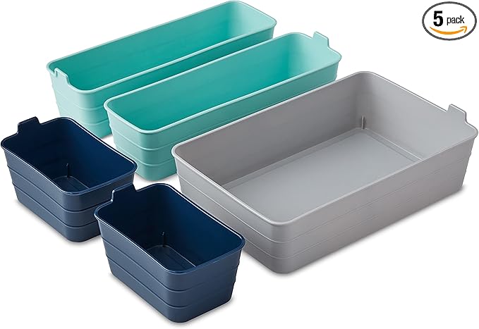 Mainstays Set of 5 Flexible Drawer Storage Organizers, Grey, Blue, Teal