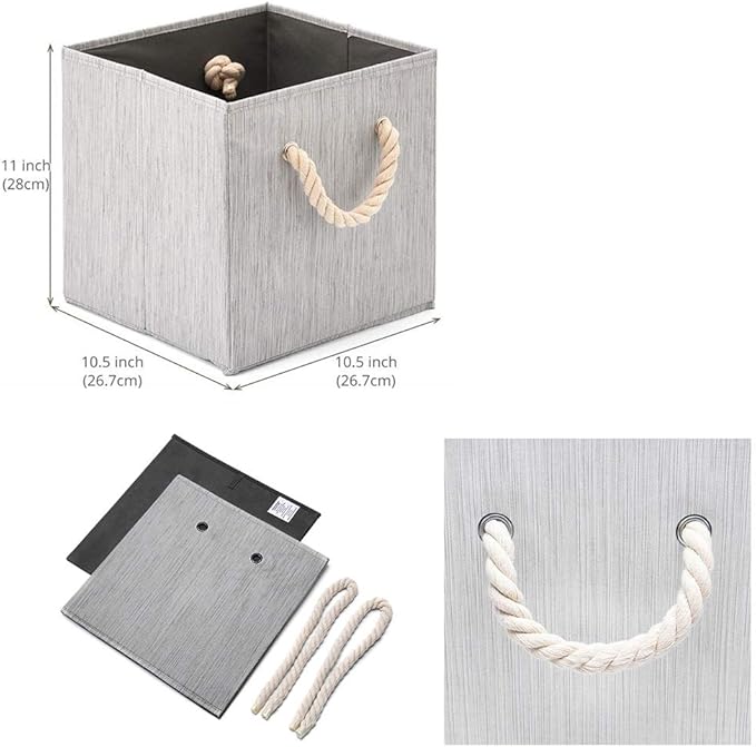 Foldable Bamboo Fabric Storage Bins [set of 4] with Cotton Rope Handles, Collapsible Organizer Boxes Basket - 10.5 x 10.5 x11 inch (Gray)