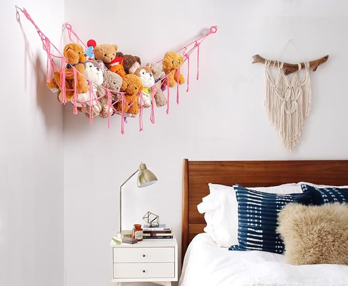 Stuffed Animals Hammock Corner Hanging Net with Tassel Macrame Stuffed Animal Storage Plush Toy Holder Toy Organizer for Boho Nursery Playroom Bedroom Kids Room (pink, large)