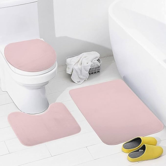3 Pieces Bath Rug Sets, Blush Pink Bathroom Mat Set Non Slip U Shaped Contour Rug & Toilet Lid Cover