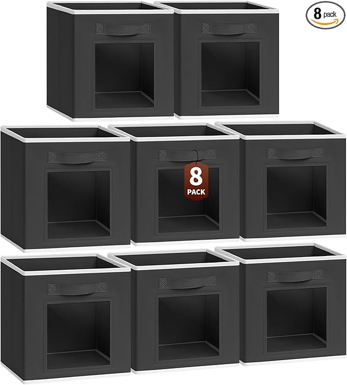 Foldable Storage Cubes - Cubby Storage Organizer with Window, Decorative Baskets for Organizing, Fabric Bins for Clothes Storage, Closet Storage Cubes-11inch, 8 Pack, Black