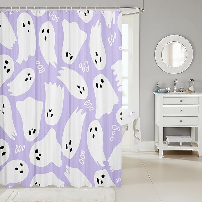 Halloween Theme Waterproof Bath Curtains with 12 Hooks Suits for Bathtub,Purple Cartoon Style Shower Curtains,Kawaii Ghost Bathroom Curtains,78 Inch Long