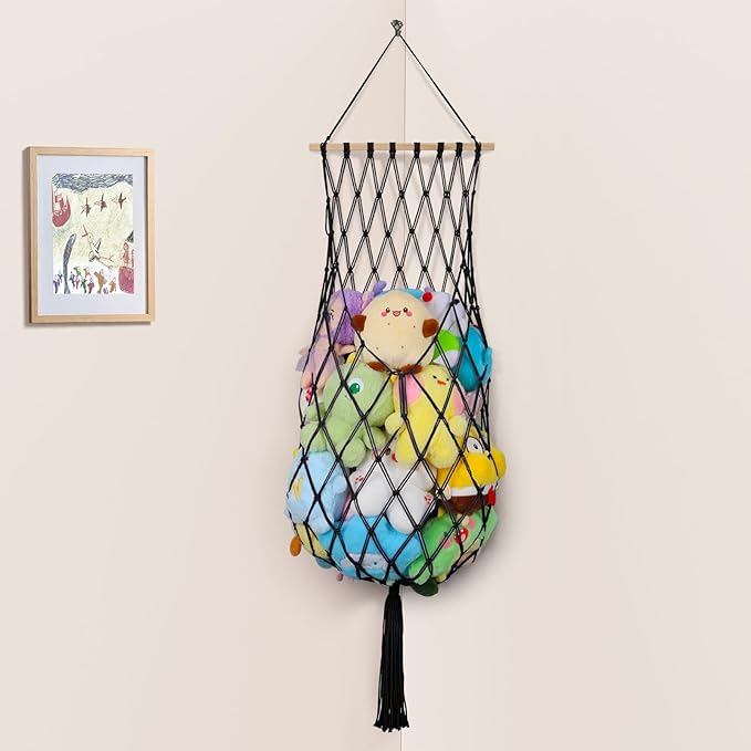 Stuffed Animal Storage Net, 68 Inch Jumbo Macrame Vertical Stuffed Animals Hammock Corner, Wall Ceiling Hanging Stuffy Hammock Plushie Holder Display for Kid Boy Girl Gift Boho Nursery Decor (Black)