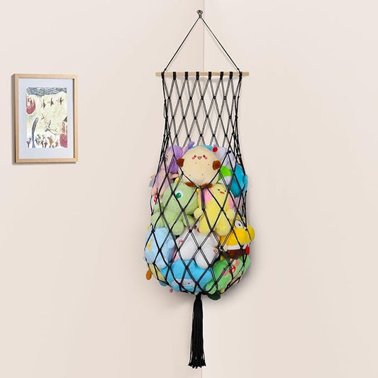 Stuffed Animal Storage Net, 68 Inch Jumbo Macrame Vertical Stuffed Animals Hammock Corner, Wall Ceiling Hanging Stuffy Hammock Plushie Holder Display for Kid Boy Girl Gift Boho Nursery Decor (Black)