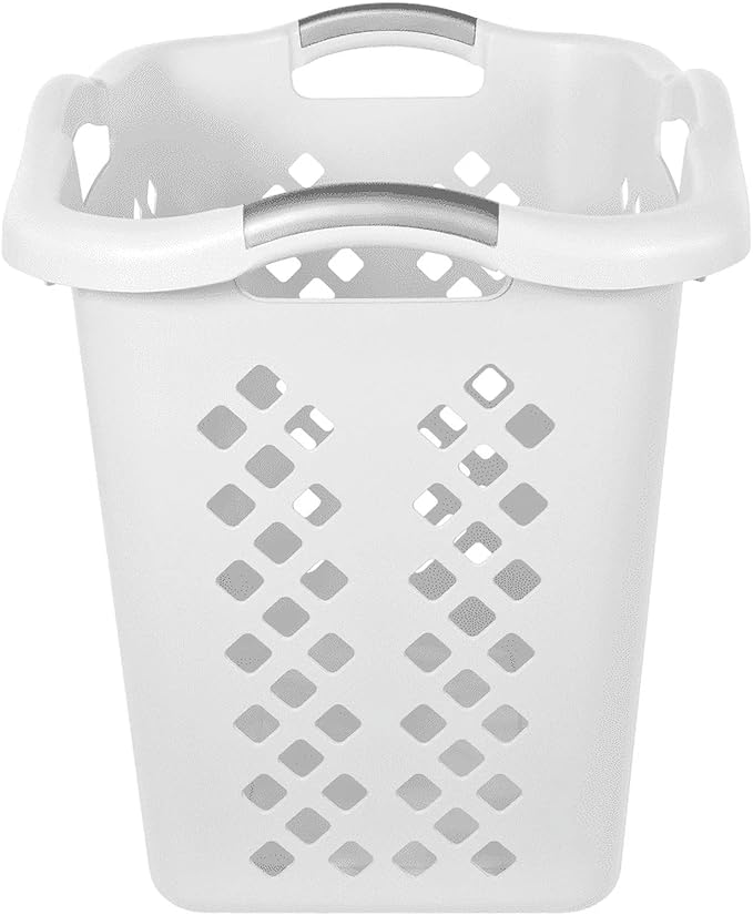 2 Bushel Plastic Laundry Basket with Silver Handles, White - Large Capacity Hamper for Adults and Teens, Sturdy Foldable Storage Bin for Bedroom, Bathroom, Dorm, and Closet