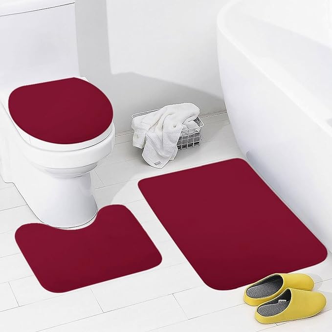 3 Pieces Bath Rug Sets, Burgundy Trend Color Bathroom Mat Set Non Slip U Shaped Contour Rug & Toilet Lid Cover