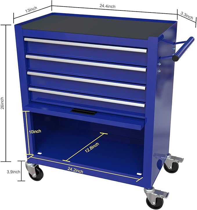 4 Drawers Rolling Tool Chest Cart. Tool Storage Cabinet With 4 Wheels.Tool Cabinet Trolley With Locking System and Drawer Liners.Tool Storage Cart for Garage,Workshop. 24.4"Toolbox Cart(blue)