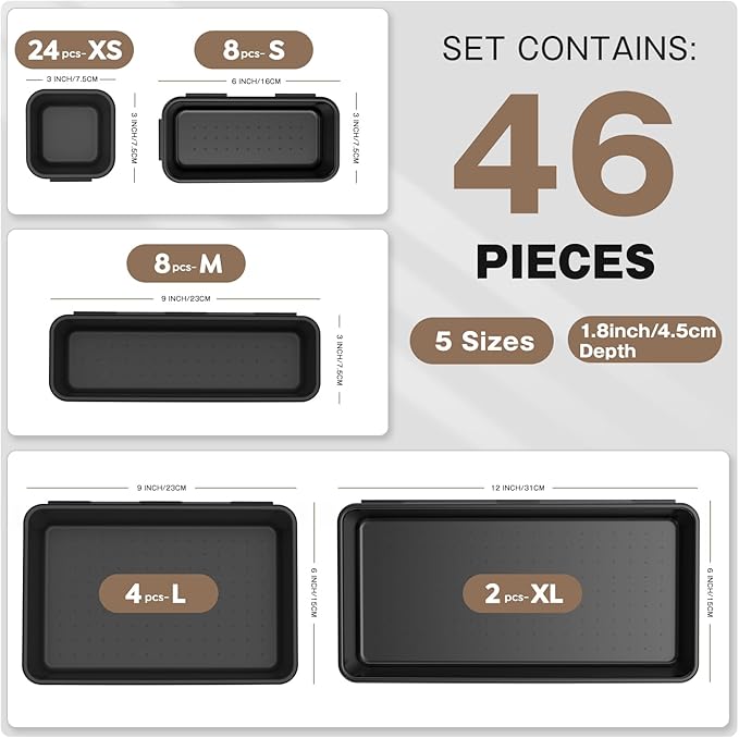 A-LuGei 【𝟰𝟲𝗣𝗖𝗦 & 5 Size】 Tool Box Organizer Tray Divider Set, 【Black】 Bathroom Drawer Organizer Bin, Garage Organization and Storage Toolbox Rolling Tool Chest Cart Cabinet WorkBench Small Part