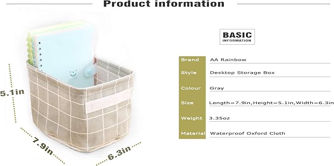 AARAINBOW 3 Packs Storage Basket Bins Canvas Mini Storage Cubes Storage Basket for Makeup, Toys Liners, Books Storage Baskets with Handles for Shelves & Desks(3 Gray)