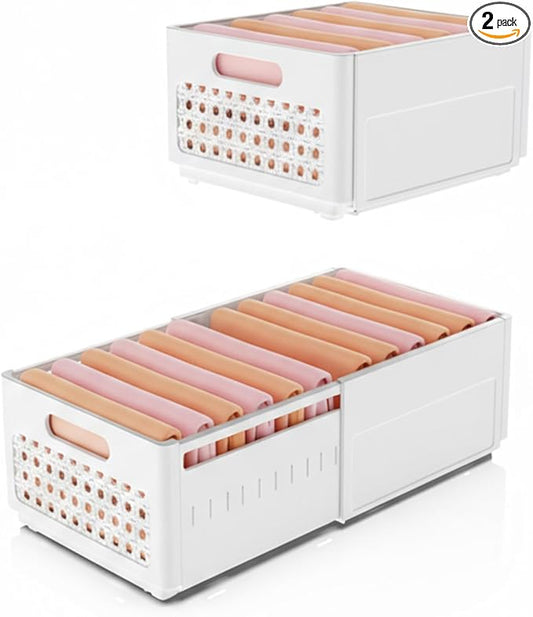 Closet Organizers and Storage, 2 Pack Stackable Storage Drawers, Plastic expandable Closet Storage Bins for Bathroom Kitchen Laundry Room Wardrobe Office.