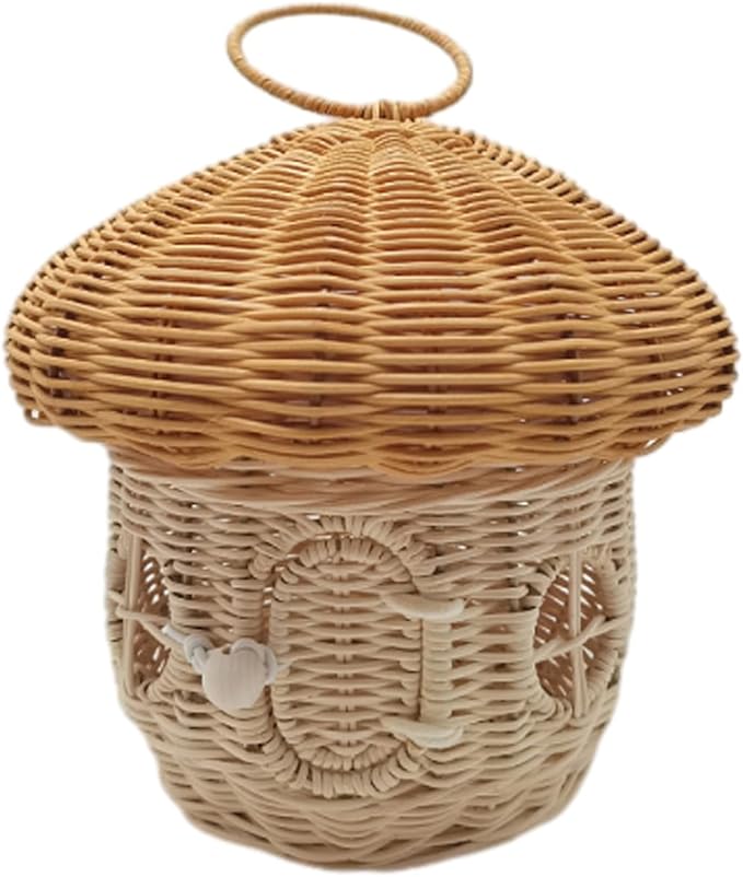 Mushroom Basket House Shaped with Lid Portable Decorative Rattan Handle Photography Props-Gifts(C)
