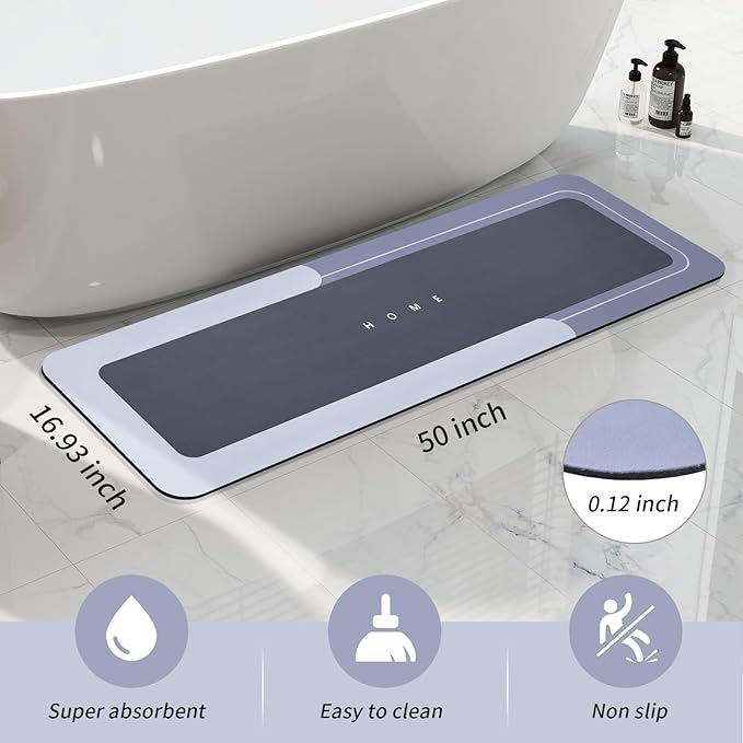 Housego Absorbent Bath Mat Magic Rug, Quick Drying Magic Bath Mat Non-Slip Floor Rug Rubber Backed for Bathroom Kitchen Shower Sink, Water Absorbent (1PC, 16.93''x50'', Blue)
