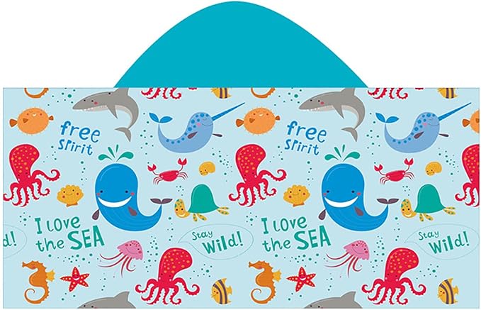 Hooded Beach Towel, Microfiber Hooded Beach Towel For Kids Toddler Infant Boy Girl, Beach Towel with Hood For Bath Pool Swim Summer Beach Essentials Cartoon Shower Gifts (24x50 Inch, Marine Wave)