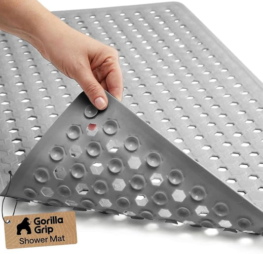 GORILLA GRIP Patented Bath Tub Shower Mat, Machine Washable Bathtub Floor Liner Mats, Suction Cups and Drain Holes to Keep Tubs Clean, Soft on Feet, Bathroom Essentials, 35x16 Inch, Gray Opaque