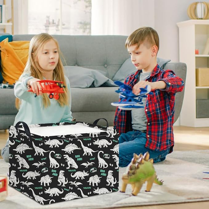 Rectangle Storage Basket with Handles,Collapsible Storage Bin,Books Box,Gift Basket(Green Word Dinosaur)