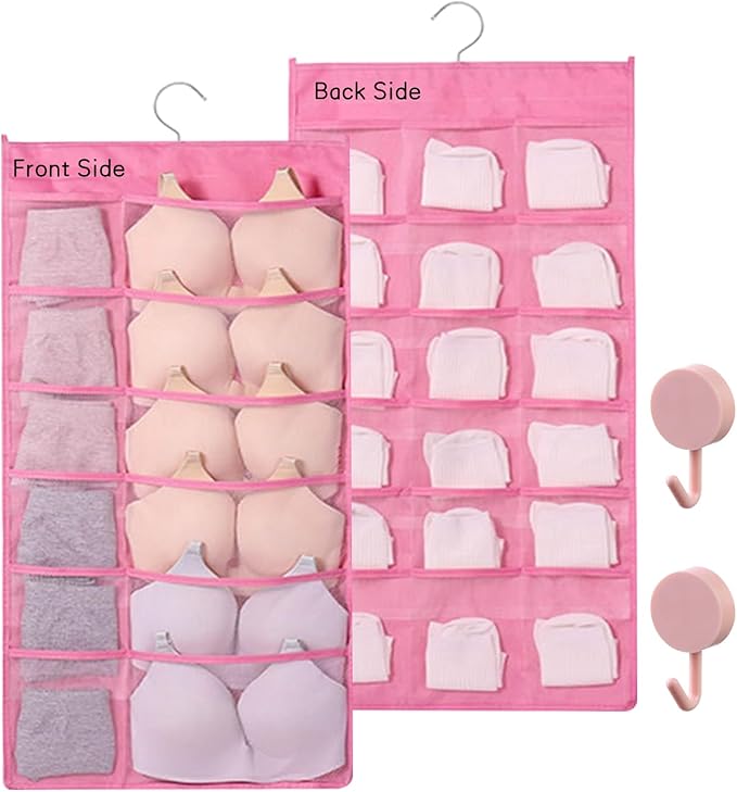 Closet Hanging Organizer with Mesh Pockets & Rotating Metal Hanger,Dual Sided Hanging Closet Mesh Pockets Organizer for Underwear, Stocking, Bra and Sock(Pink：12+18 Pockets)