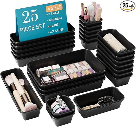 25 PCS Black Drawer Organizer Set, 4 Size Interlocking Plastic Storage Bins for Office Supplies, Jewelry Makeup Vanity, Bathroom Kitchen, Home Organization Closet, Gadgets Small Items
